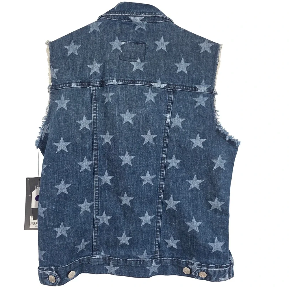 Rock & Republic Denim Vest Women M Blue Star Print Frayed Gunshow Starlight‎ 4TH